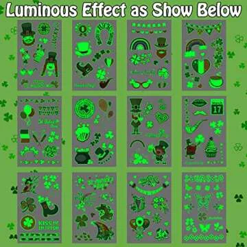Partywind 12 Sheets Glow St Patrick's Day Temporary Tattoos for Kids, Luminous Saint Patrick's Day Accessories Party Decorations, Irish Shamrock Stickers Goodie Bags Stuffers