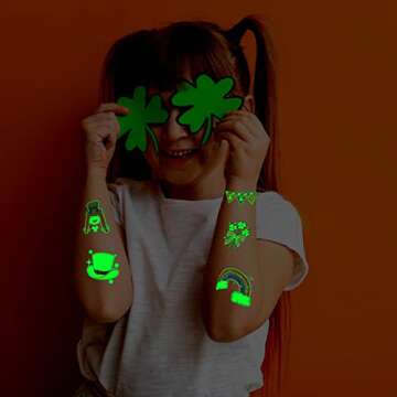 Partywind 12 Sheets Glow St Patrick's Day Temporary Tattoos for Kids, Luminous Saint Patrick's Day Accessories Party Decorations, Irish Shamrock Stickers Goodie Bags Stuffers