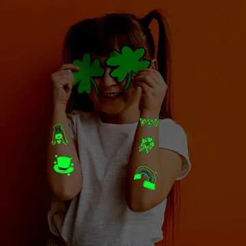Partywind 12 Sheets Glow St Patrick's Day Temporary Tattoos for Kids, Luminous Saint Patrick's Day Accessories Party Decorations, Irish Shamrock Stickers Goodie Bags Stuffers
