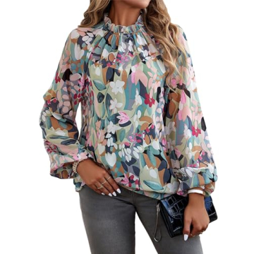 MakeMeChic Women's Boho Floral Print Mock Neck Lantern Long Sleeve Blouse Shirt Tops Green M