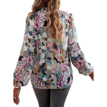MakeMeChic Women's Boho Floral Print Mock Neck Lantern Long Sleeve Blouse Shirt Tops Green M