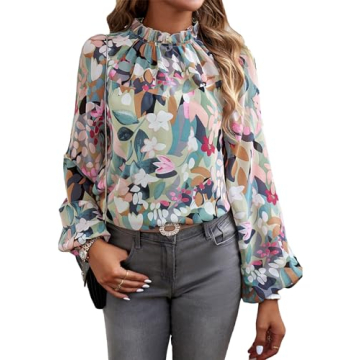 MakeMeChic Women's Boho Floral Print Mock Neck Lantern Long Sleeve Blouse Shirt Tops Green M