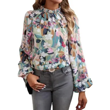 MakeMeChic Women's Boho Floral Print Mock Neck Lantern Long Sleeve Blouse Shirt Tops Green M