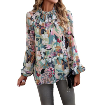 MakeMeChic Women's Boho Floral Print Mock Neck Lantern Long Sleeve Blouse Shirt Tops Green M