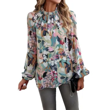 MakeMeChic Women's Boho Floral Print Mock Neck Lantern Long Sleeve Blouse Shirt Tops Green M