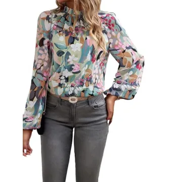 MakeMeChic Women's Boho Floral Print Mock Neck Lantern Long Sleeve Blouse Shirt Tops Green M