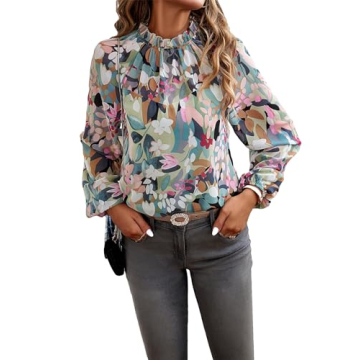 MakeMeChic Women's Boho Floral Print Mock Neck Lantern Long Sleeve Blouse Shirt Tops Green M