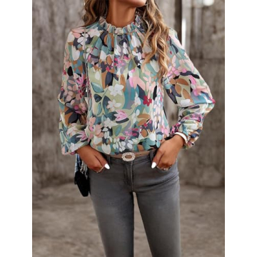 MakeMeChic Women's Boho Floral Print Mock Neck Lantern Long Sleeve Blouse Shirt Tops Green M