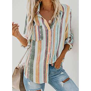 Astylish Womens Long Sleeve Summer Spring V Neck Button up Striped Blouse Casual Tops and T Shirts f...