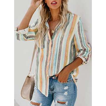 Astylish Womens Long Sleeve Summer Spring V Neck Button up Striped Blouse Casual Tops and T Shirts for Jeans Multicolor XX-Large