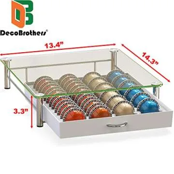 DecoBrothers Crystal Tempered Glass Vertuo Pod Holder Drawer, 24 Large or 48 Small Nespresso Capsule Organizer, White