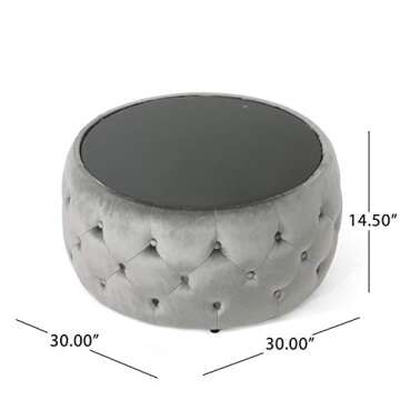 Christopher Knight Home Ivy Glam Velvet and Tempered Glass Coffee Table Ottoman, Smoke, Black