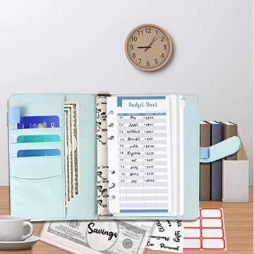 Openfly A6 PU Leather Budget Binder 6 Ring Binder Cover with 8 PCS A6 Binder Pockets, 12 Expense Budget Sheets, 4 Sheets Categories Letter Sticker Label, Cash Envelopes for Budgeting (Blue)