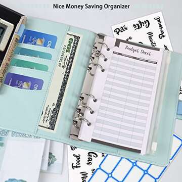Openfly A6 PU Leather Budget Binder 6 Ring Binder Cover with 8 PCS A6 Binder Pockets, 12 Expense Budget Sheets, 4 Sheets Categories Letter Sticker Label, Cash Envelopes for Budgeting (Blue)