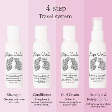 Rizos Curls 4-Step Travel Kit for Curly Hair: Curl Defining Cream, Shampoo, Conditioner, Refresh & Detangle (2 fl oz each)