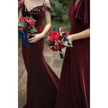 Ling's Moment Navy&Burgundy 7 Inch Artificial Flowers Wedding Bouquet for Bridesmaids,Set of 4,Bouquets for Bride,Wedding Arch Flowers,Bridal Shower,Centerpiece,Party and Wedding Ceremony Anniversary