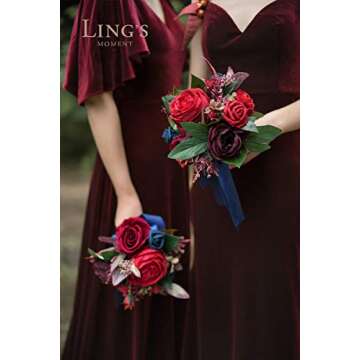 Ling's Moment Navy&Burgundy 7 Inch Artificial Flowers Wedding Bouquet for Bridesmaids,Set of 4,Bouquets for Bride,Wedding Arch Flowers,Bridal Shower,Centerpiece,Party and Wedding Ceremony Anniversary