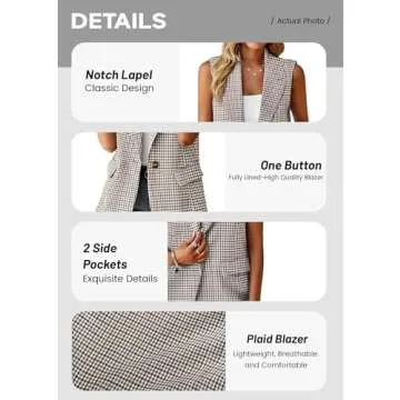 Plaid Blazers Vest for Women Sleeveless Business Casual Plus Size Blazer Vests Work Professional Fall Winter Clothes Outfits for Women 2024 KG XL