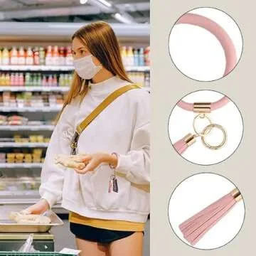Coolcos Key Ring Bracelets Wristlet Keychain Bangle Keyring - Large Circle Leather Tassel Bracelet Holder For Women Gift(Blush Pink)