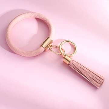 Coolcos Key Ring Bracelets Wristlet Keychain Bangle Keyring - Large Circle Leather Tassel Bracelet Holder For Women Gift(Blush Pink)