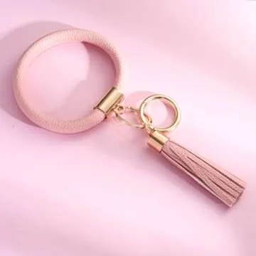 Coolcos Key Ring Bracelets Wristlet Keychain Bangle Keyring - Large Circle Leather Tassel Bracelet Holder For Women Gift(Blush Pink)