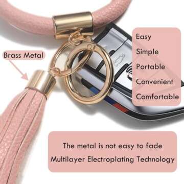 Coolcos Key Ring Bracelets Wristlet Keychain Bangle Keyring - Large Circle Leather Tassel Bracelet Holder For Women Gift(Blush Pink)