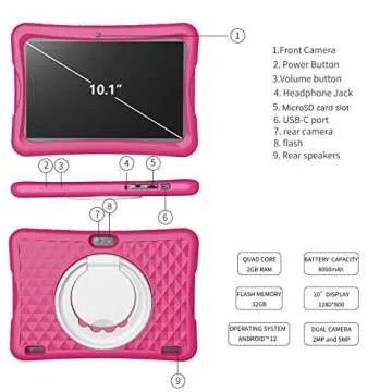 JREN Kids Tablet, 10" Tablet for Kids,IPS HD Display 1280 X 800, RAM 4GB and 64GB Storage, Google Family Link Kids Space Pre-Installed, YouTube,Ages 6-12,Color Pink