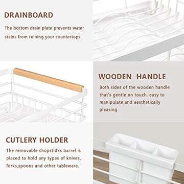 BRIAN & DANY Dish Drying Rack, Dish Racks for Kitchen Counter, Stainless Steel Dish Drainer with Removable Cutlery Holder & Drainboard, White