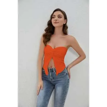 MISSACTIVER Women’s Y2K Sexy Twist Front Tube Top Strapless Sleeveless Solid Cut-Out Midriff Crop Tops Tank Top(Small,Orange)