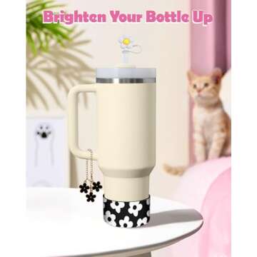 Toykee Cup Boot with Accessories for Stanley 40 30 oz - Cute Black White Flower Straw Toppers Cover ...