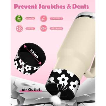 Toykee Cup Boot with Accessories for Stanley 40 30 oz - Cute Black White Flower Straw Toppers Cover Bottom Protector Leak Proof Lid Spill Stopper Sets, and Keychain Charms for Tumbler