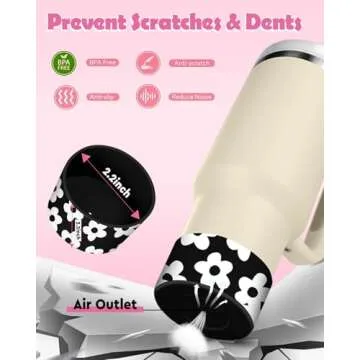 Toykee Cup Boot with Accessories for Stanley 40 30 oz - Cute Black White Flower Straw Toppers Cover Bottom Protector Leak Proof Lid Spill Stopper Sets, and Keychain Charms for Tumbler