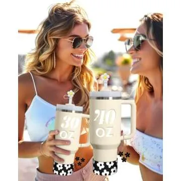 Toykee Cup Boot with Accessories for Stanley 40 30 oz - Cute Black White Flower Straw Toppers Cover Bottom Protector Leak Proof Lid Spill Stopper Sets, and Keychain Charms for Tumbler