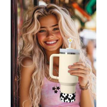 Toykee Cup Boot with Accessories for Stanley 40 30 oz - Cute Black White Flower Straw Toppers Cover Bottom Protector Leak Proof Lid Spill Stopper Sets, and Keychain Charms for Tumbler