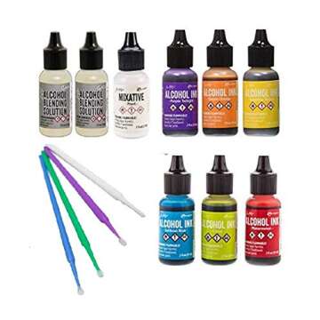 Tim Holtz Adirondack Alcohol Ink Value Pack Bundles of Favorite Colors Plus Pearl Mixative with Two Alcohol Blending Solutions, Bonus Purple Turtle Blending Sticks, (Favorite 2 Brights)