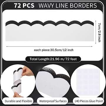 72 Feet Classroom Bulletin Board Borders Black and White Wavy Line Scalloped Border Trims Black and ...
