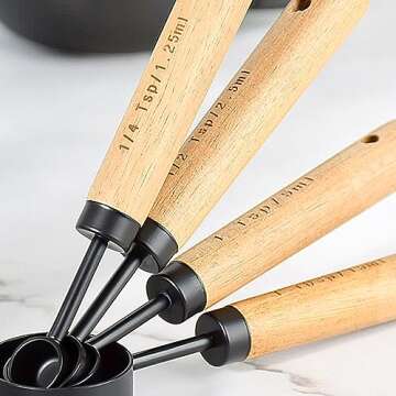 8 Piece Measuring Cups and Spoons Set Stainless Steel Measuring Cups and Spoons with Wood Handle for Dry and Liquid Ingredients(Black)