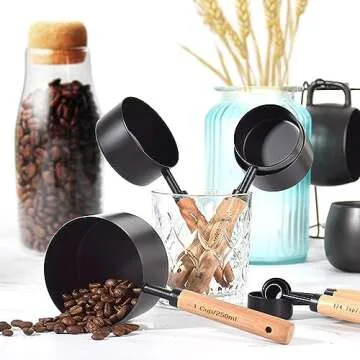 8 Piece Measuring Cups and Spoons Set Stainless Steel Measuring Cups and Spoons with Wood Handle for Dry and Liquid Ingredients(Black)
