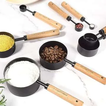 8 Piece Measuring Cups and Spoons Set Stainless Steel Measuring Cups and Spoons with Wood Handle for Dry and Liquid Ingredients(Black)