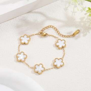 FUNIO Four Leaf Clover Bracelet Set for Women - 3Pcs 18K Gold Plated Flower Lucky 4 Leaf Link Bracelet Jewelry Gift for Women Van Cleef