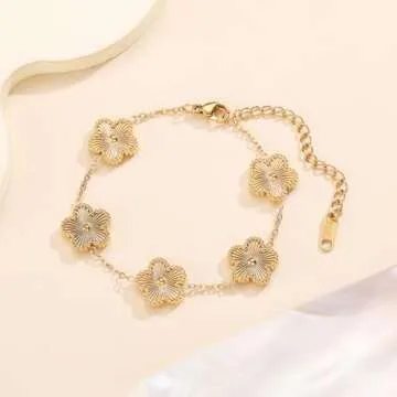 FUNIO Four Leaf Clover Bracelet Set for Women - 3Pcs 18K Gold Plated Flower Lucky 4 Leaf Link Bracelet Jewelry Gift for Women Van Cleef