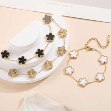 FUNIO Four Leaf Clover Bracelet Set for Women - 3Pcs 18K Gold Plated Flower Lucky 4 Leaf Link Bracelet Jewelry Gift for Women Van Cleef