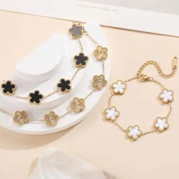 FUNIO Four Leaf Clover Bracelet Set for Women - 3Pcs 18K Gold Plated Flower Lucky 4 Leaf Link Bracelet Jewelry Gift for Women Van Cleef