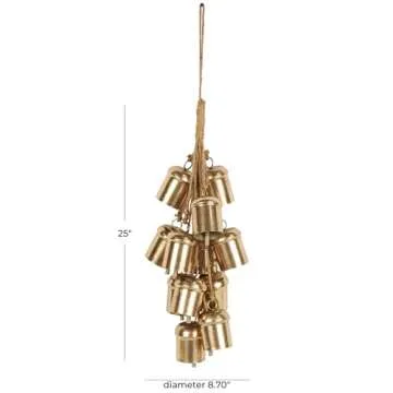 Deco 79 Metal Indoor Outdoor Decorative Bells Cluster Meditation Bell with Jute Hanging Rope, Cow Bell 9" x 9" x 25", Gold