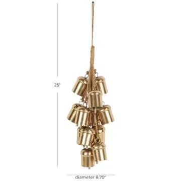 Deco 79 Metal Indoor Outdoor Decorative Bells Cluster Meditation Bell with Jute Hanging Rope, Cow Bell 9" x 9" x 25", Gold
