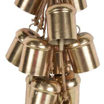 Deco 79 Metal Indoor Outdoor Decorative Bells Cluster Meditation Bell with Jute Hanging Rope, Cow Bell 9" x 9" x 25", Gold