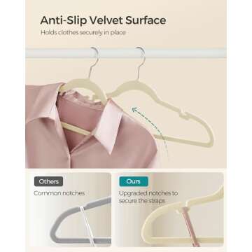 SONGMICS Velvet Hangers 50 Pack, Non-Slip Clothes Hangers, Suit Hangers with Shoulder Notches, Pants Bar, 360° Swivel Hook, Space-Saving, for Closet, Sand Beige UCRF029K05