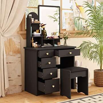 AGOTENI Black Vanity Set with Mirror, Makeup Vanity Dressing Table with Lighted Mirror, 5 Drawers, S...