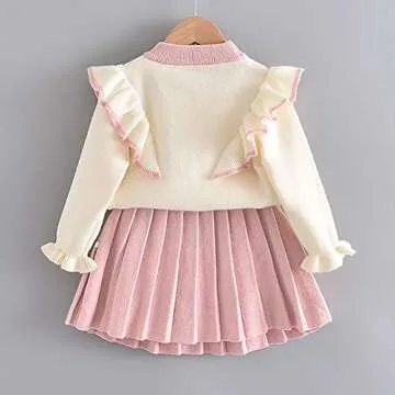 Toddler Baby Girls Outfit Knitted Buttons Sweater Tops Mini Skirt Bowknot Ruffle Long Sleeve Autumn Winter Clothes Set for Kids Birthday Outfits Princess Dress up Knit Crochet Pink 3-4T