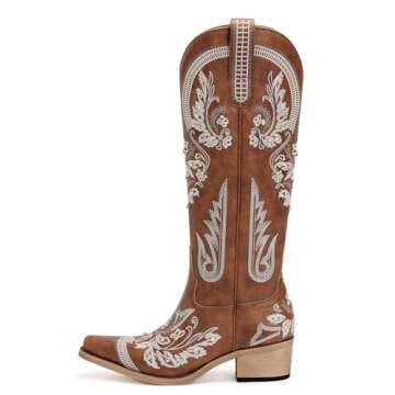 Western Cowboy Boots for Women Embroidered Rhinestones Knee High Cowgirl Boots Pointed Toe Chunky He...